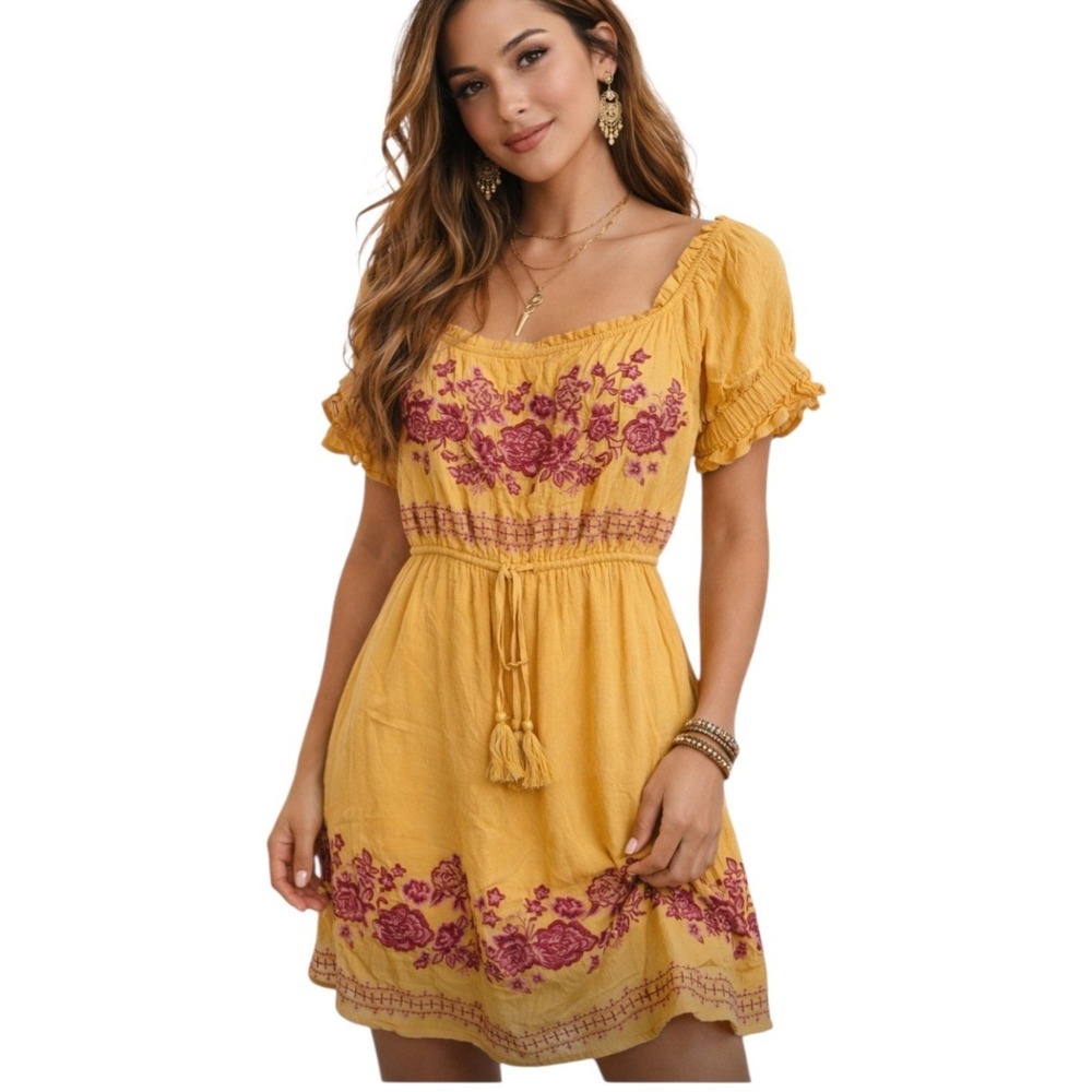 Andree by UNIT Womens Mustard Yellow Floral Embroidered Boho Peasant Dress Small